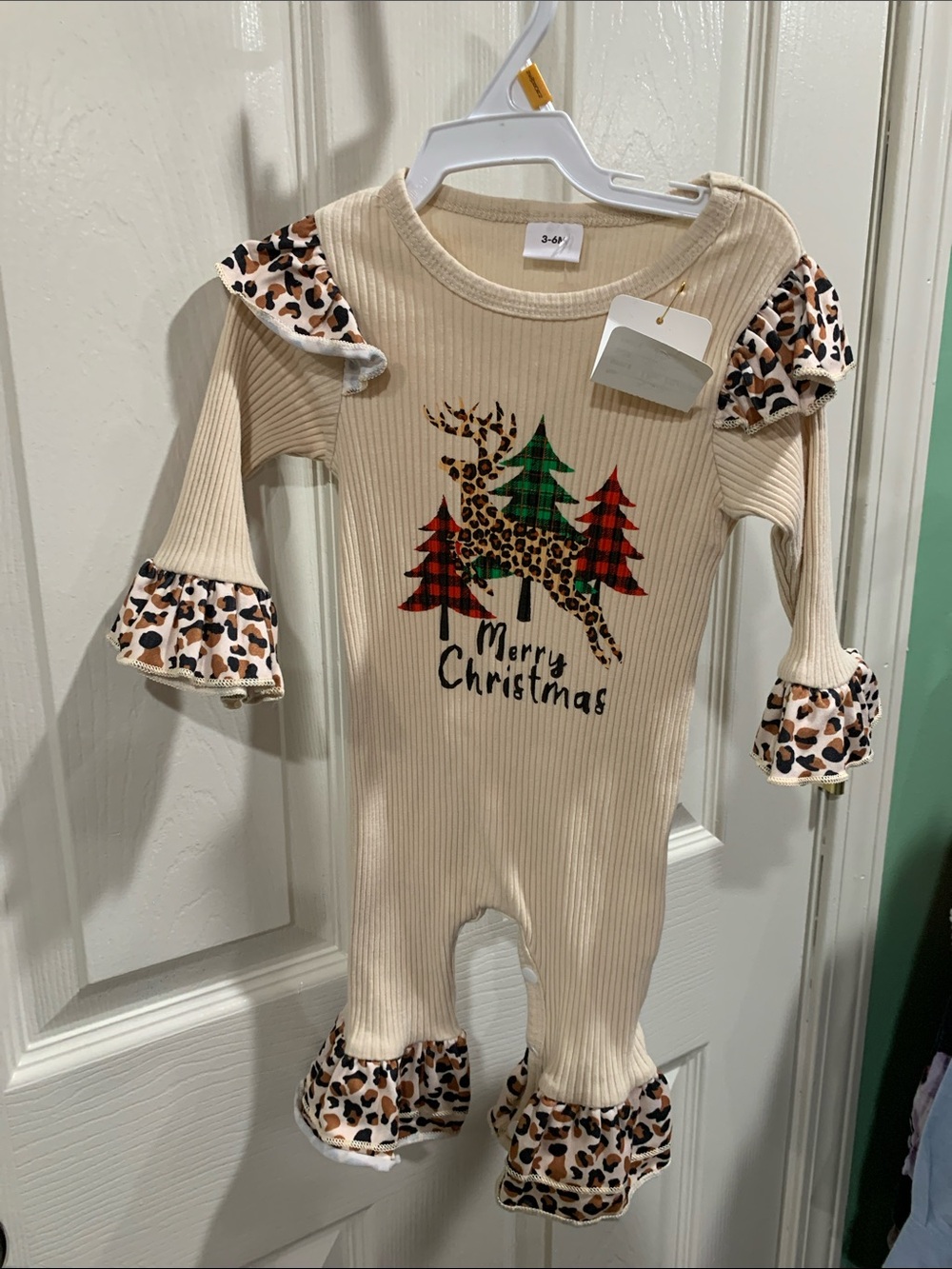 Cream Merry Christmas Leopard Reindeer Ruffle One-Piece boutique